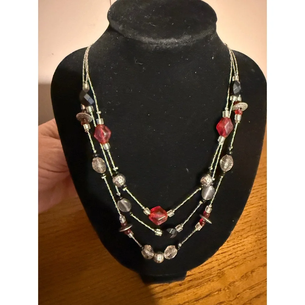 Multi Strand Beaded Layered Necklace Red Black Silver Tone Statement Jewelry